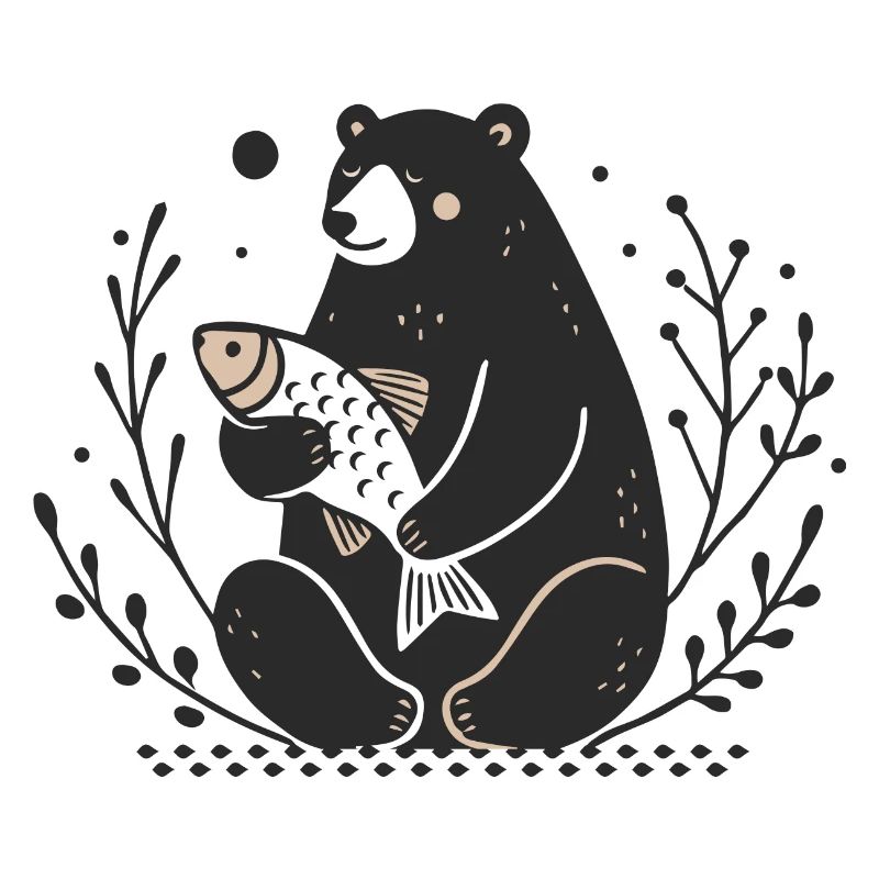 A sitting bear holding a fish