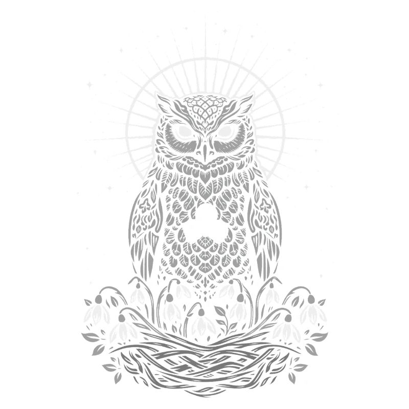 Imbolc Eule mit Triskele und Schneeglöckchen