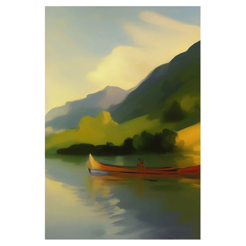 Landschaft mit See, Boot und Berge