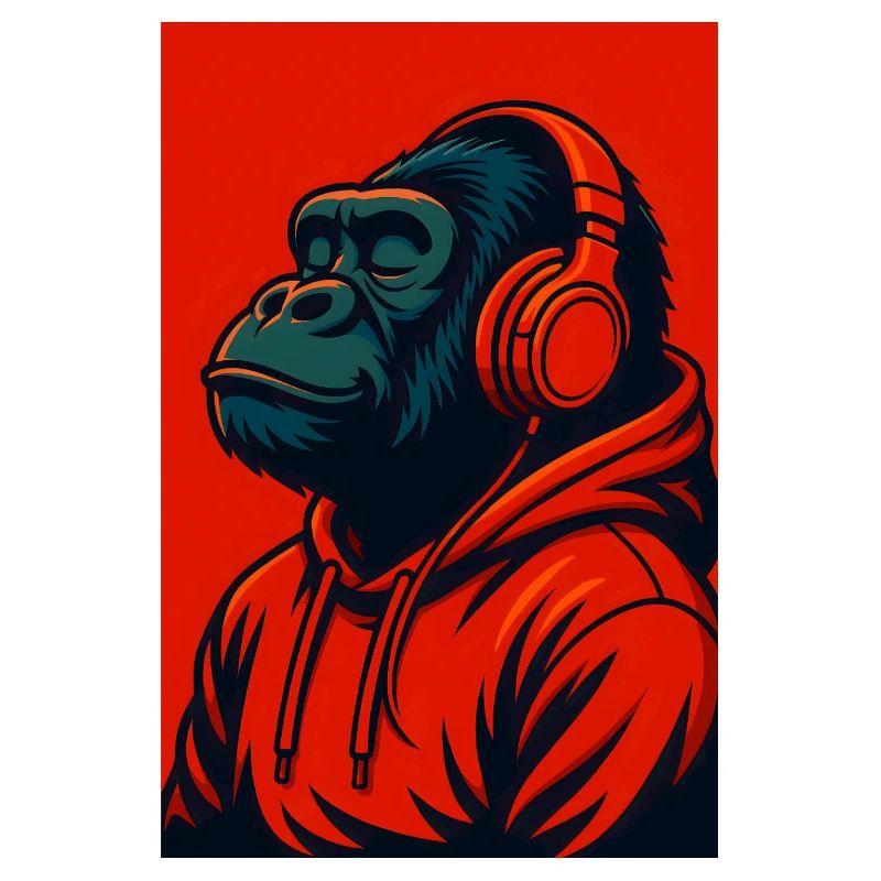 Gorilla im Kapuzenpullover mit Kopfhörern