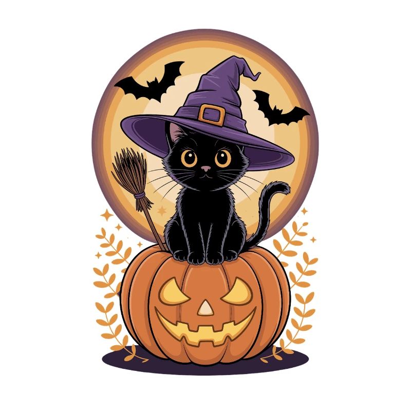 Witch cat with pumpkin view