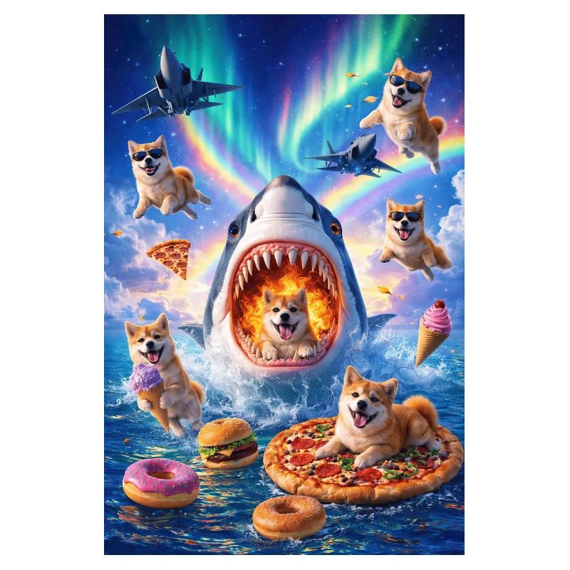 Requin avec pizza et chiens de l’espace