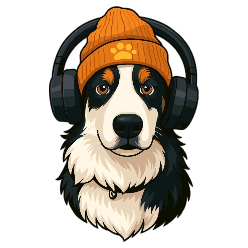 Cooler Australian Shepherd mit Mütze und Kopfhörer