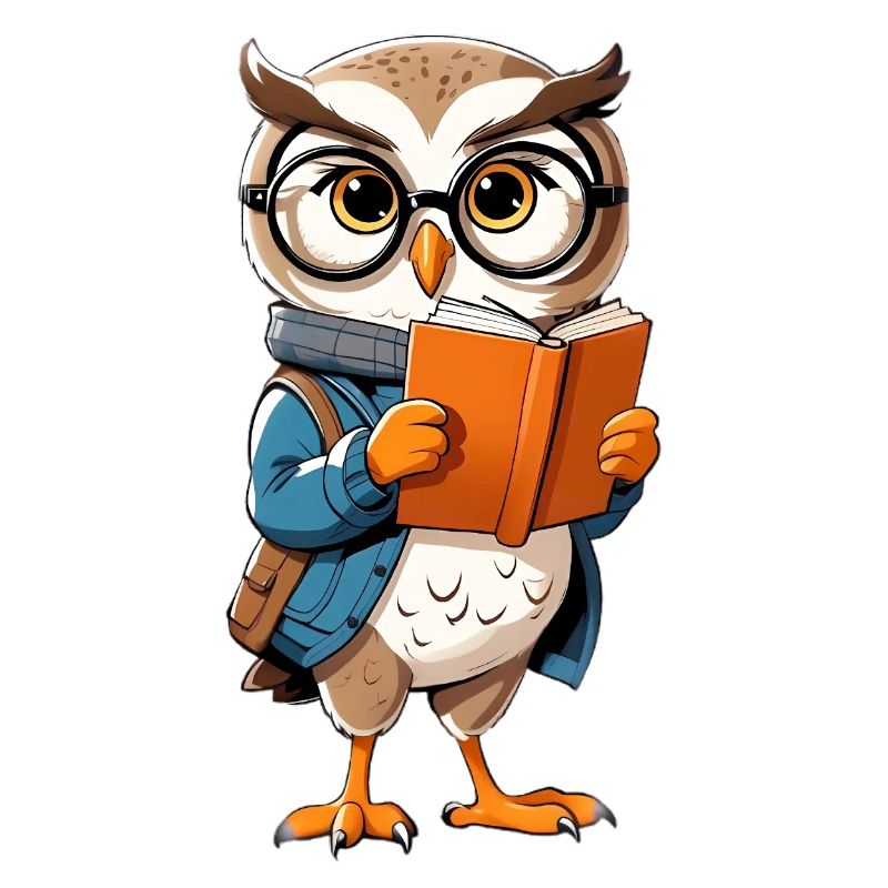 Learning owl with glasses reads book