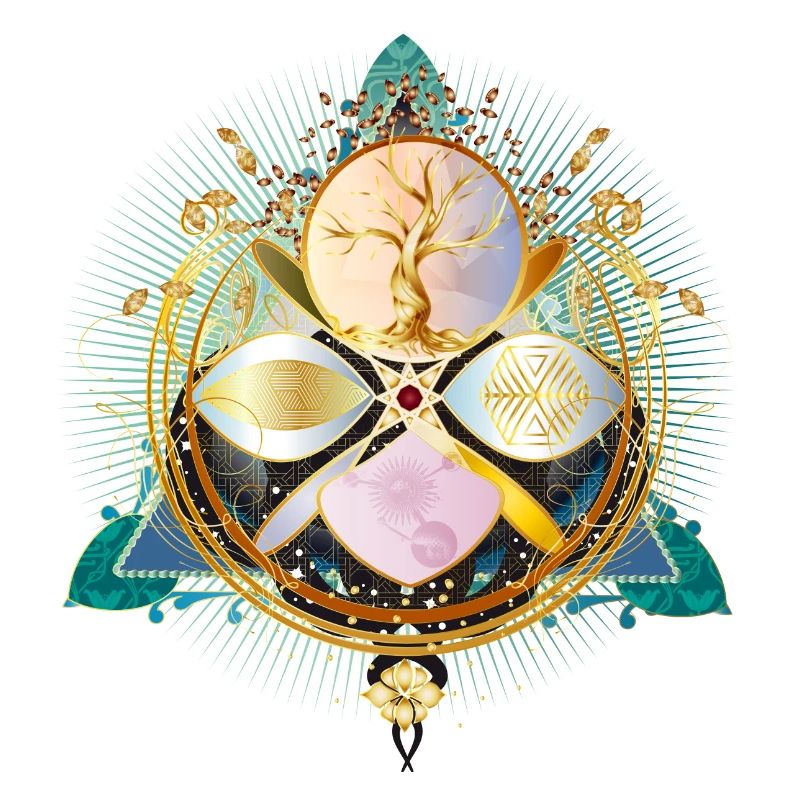 Amulette avec arbre doré et éléments de la nature