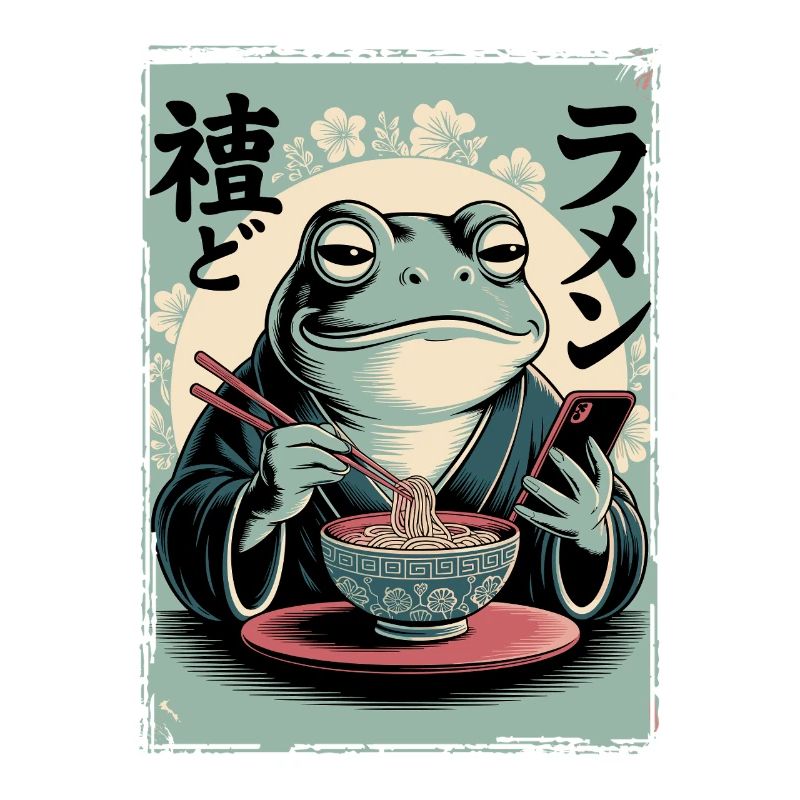 Funny frog, grumpy, Japanese art, ramen