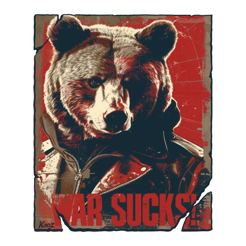 Blatant bear in leather jacket design, war is annoying