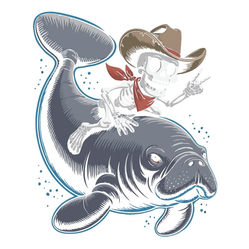 Skeleton cowboy riding manatee
