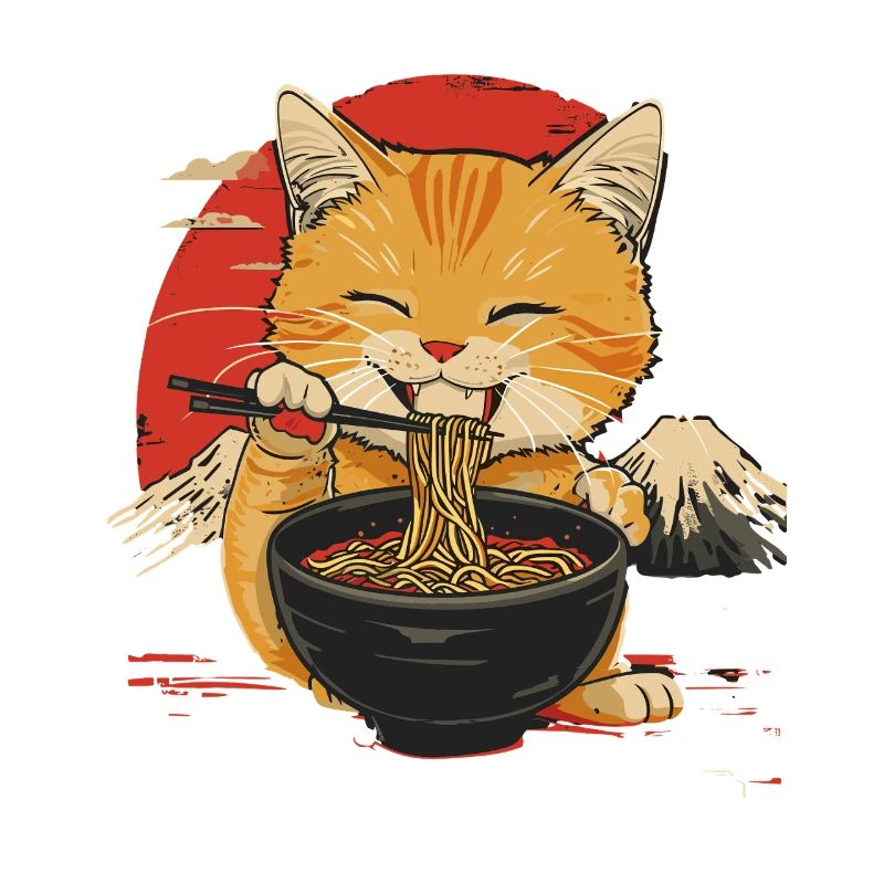 Chat mignon avec des ramen devant fond japonais
