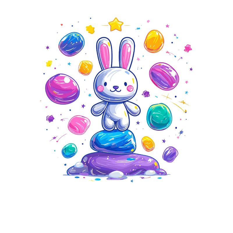 Cheerful bunny on colorful eggs