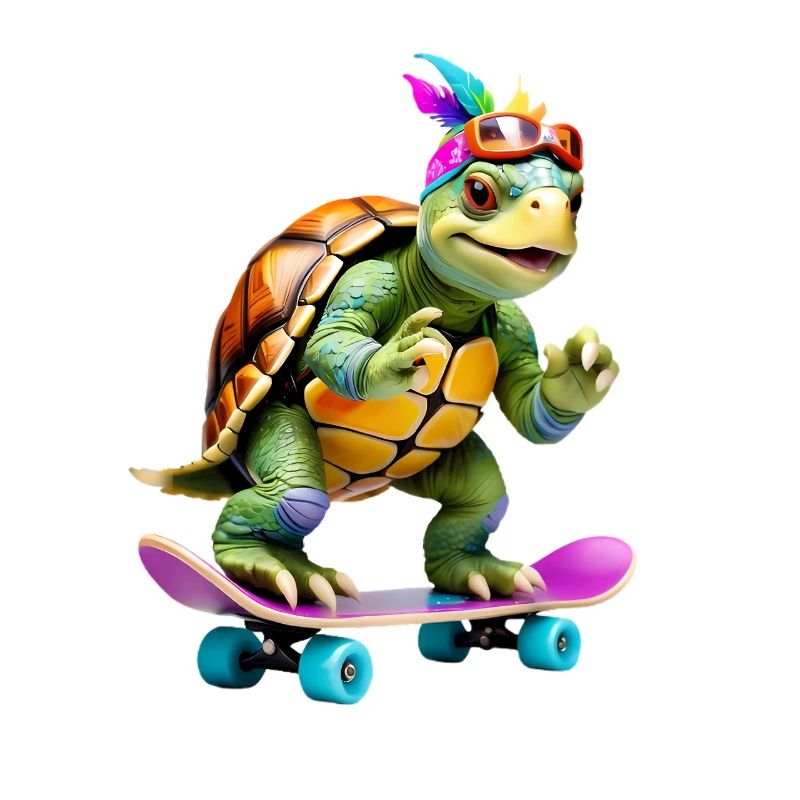 Skateboard turtle with color feathers