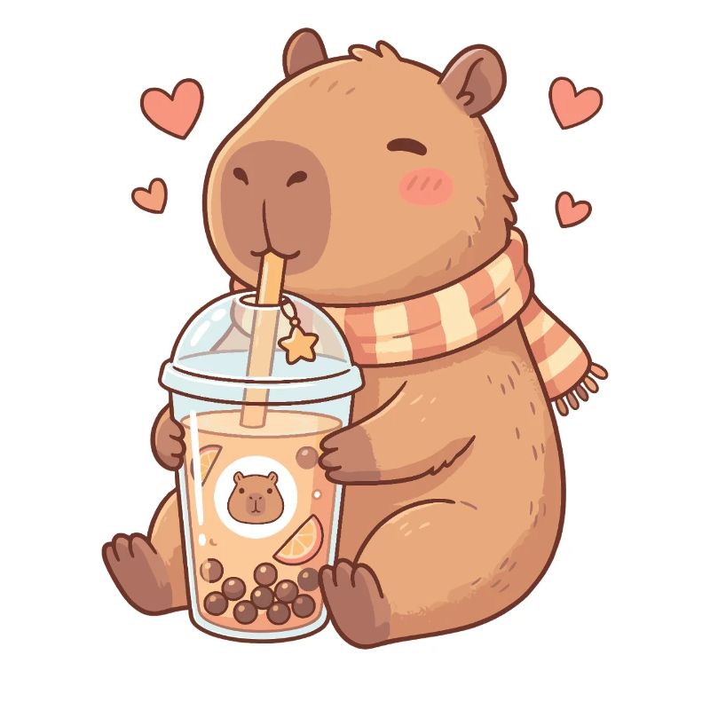 Cozy Kawaii Capybara Sips Boba Tea
