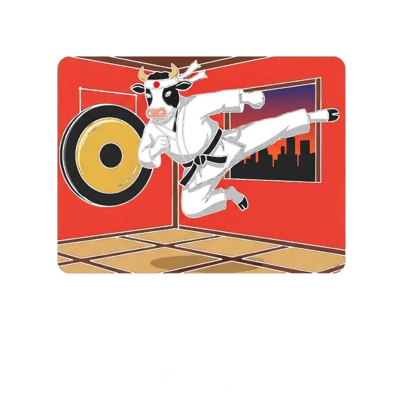 Vache en coup de karaté devant le dojo rouge