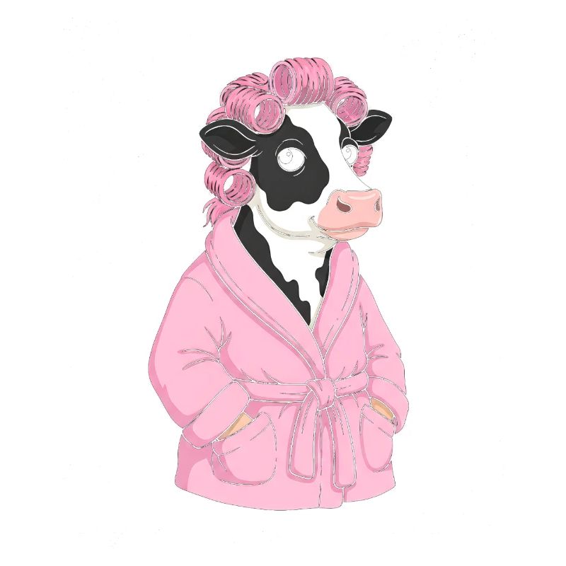 Kuh im rosa Bademantel mit Locken