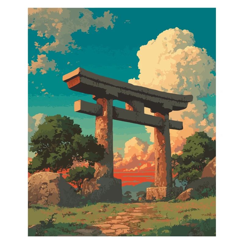 Sunset Behind Traditional Torii Gate