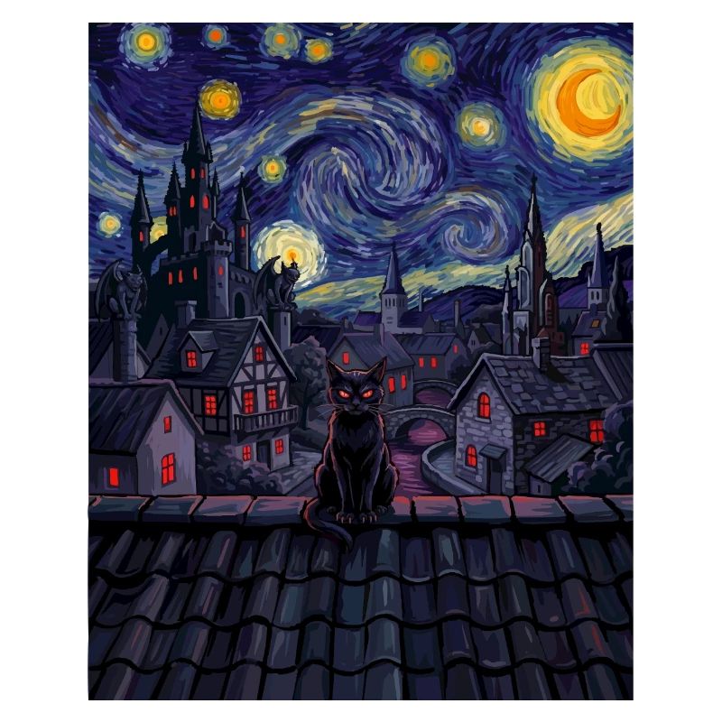 Midnight Cat Over Swirling Skyline