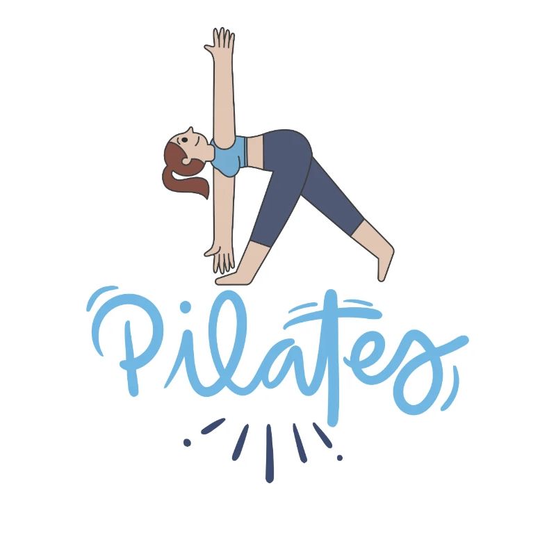 Pilates-Pose und blaue Buchstaben