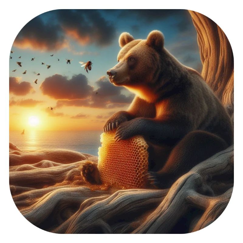 Ours brun assis devant un arbre avec un nid d’abeille