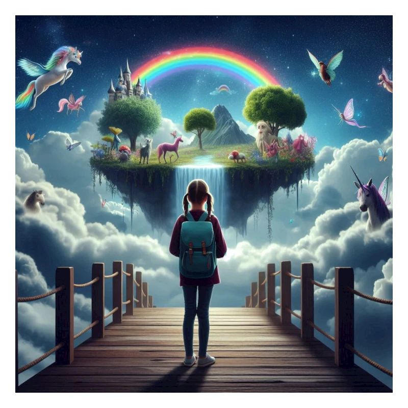Dream island with rainbow and mythical creatures