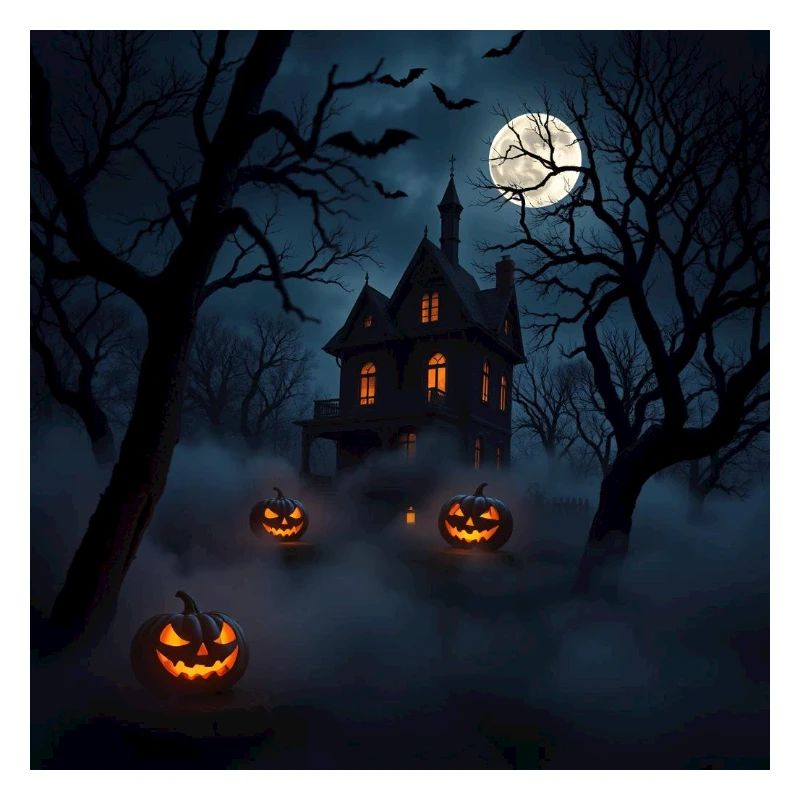 Maison hantée sous lune et citrouilles