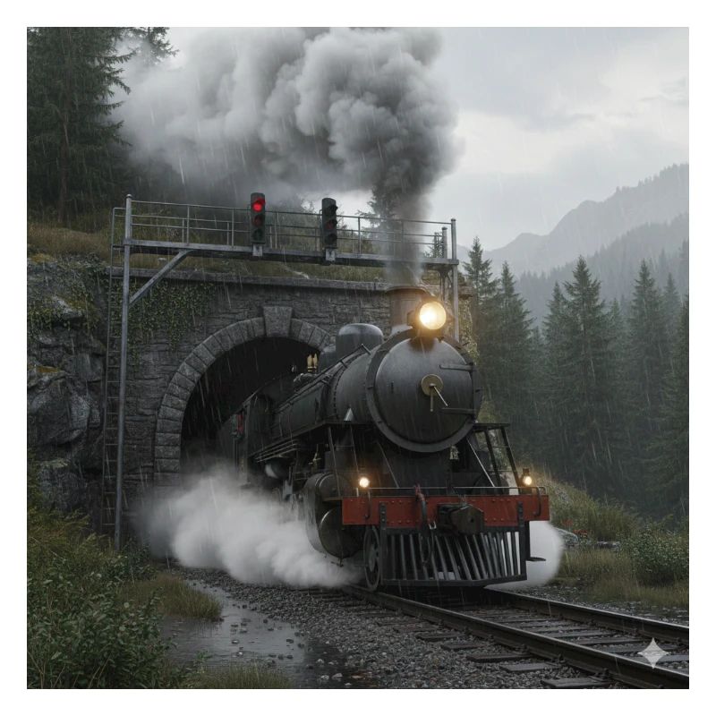Dampfzug durch den Wald am Tunnel