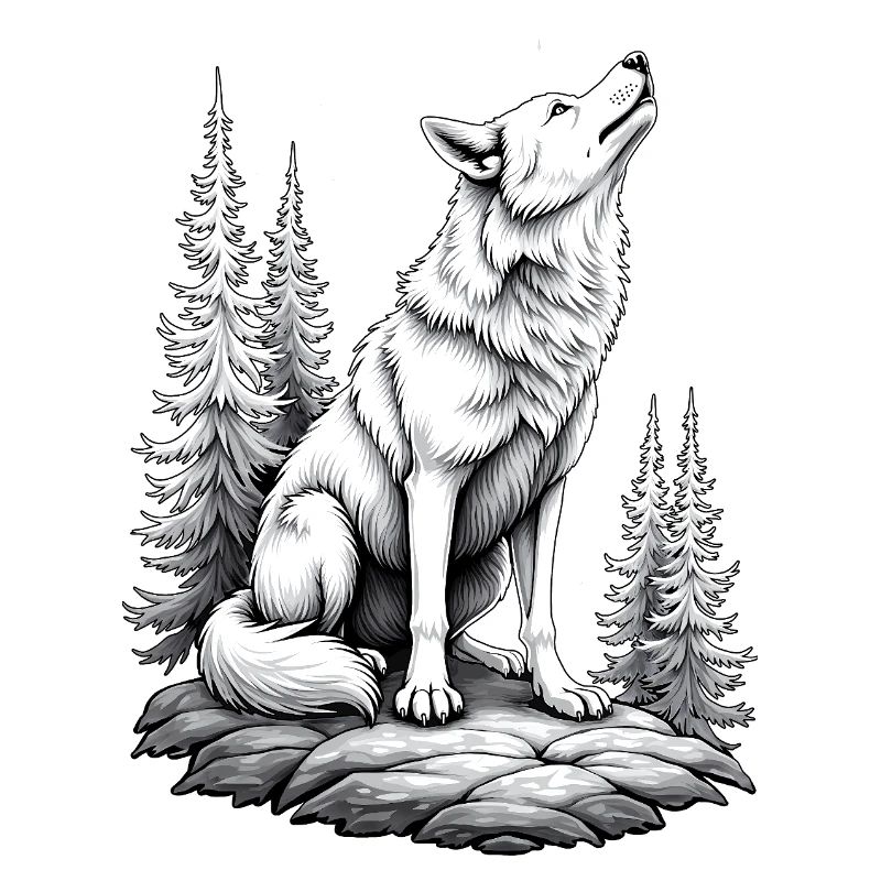Wolf Rock Drawing Sketch Black White