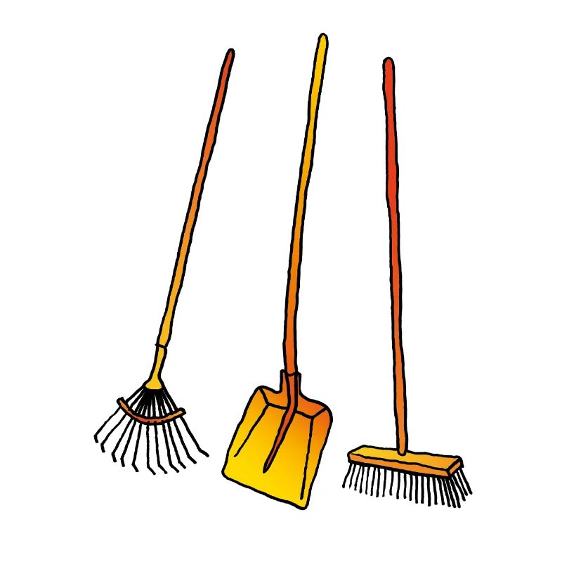 Leaf rake, shovel and broom