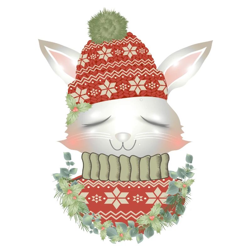 weißes Kaninchen mit Pullover,Bommelmütze & Kranz