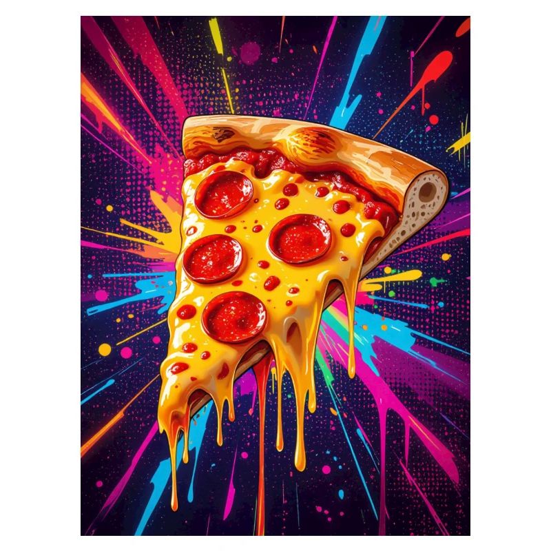 Melting cheese pizza slice glowing in a burst 