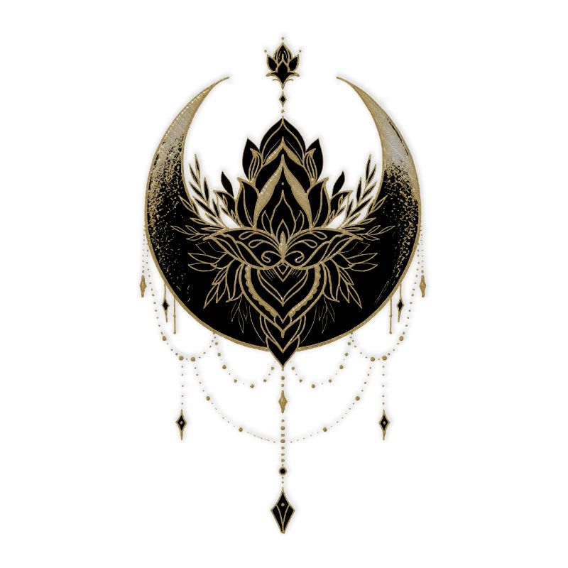 Superbe lune noire dorée avec fleur de lotus.