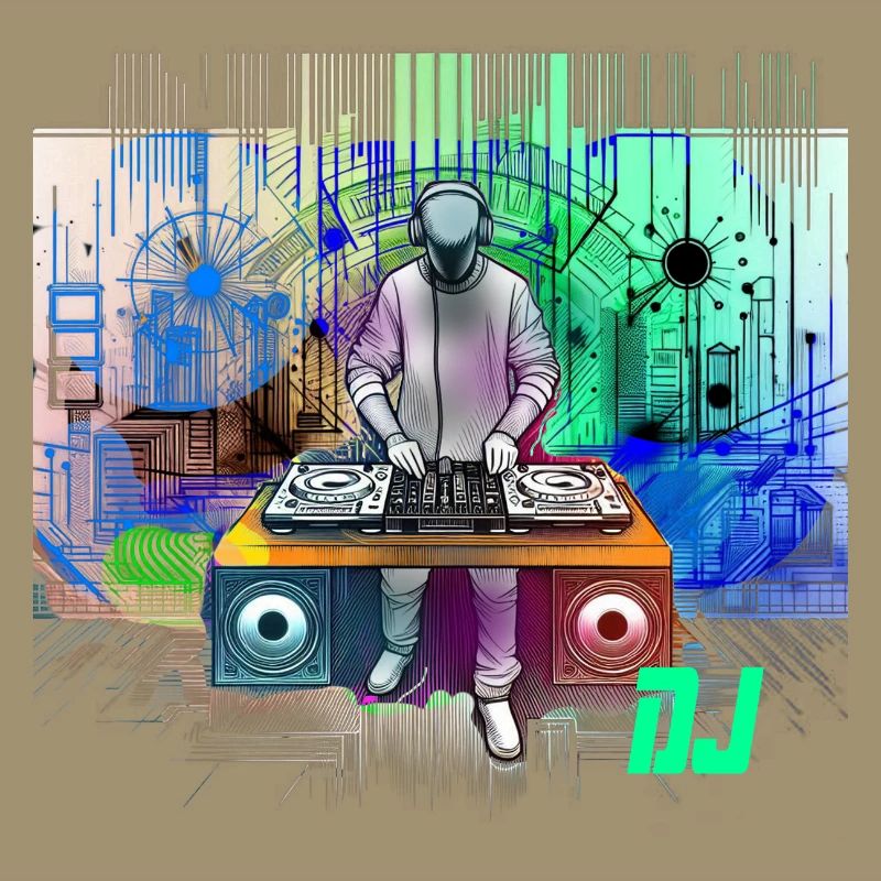 Dynamischer DJ mit bunten Techno-Designs