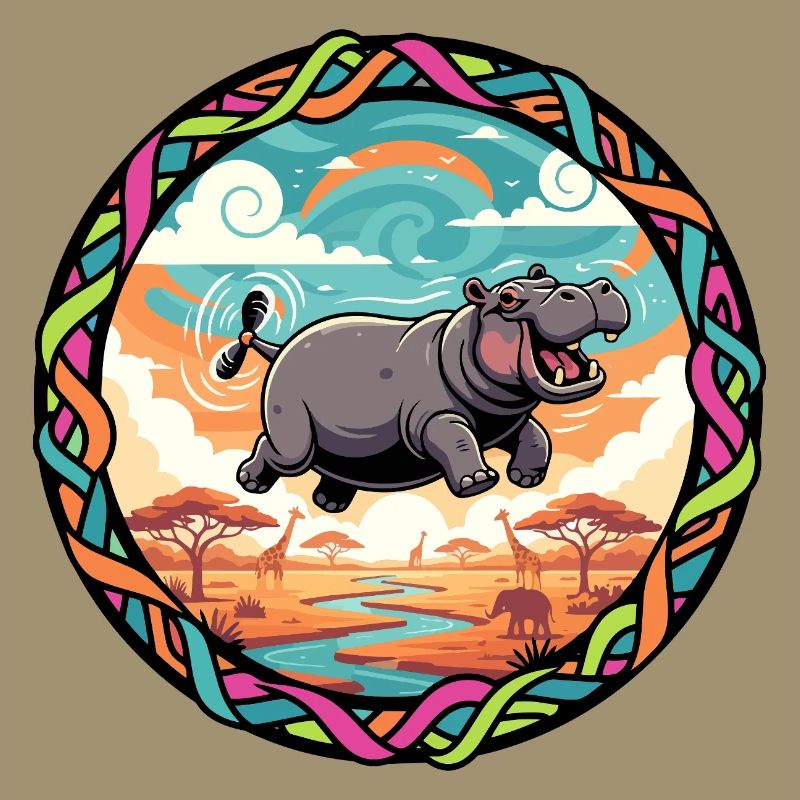Witziger Hippo fliegendes Nilpferd bunt Savanne 