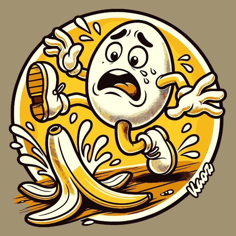 Comic egg slips on banana peel