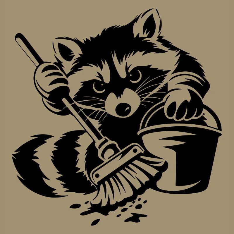 Waschbär mit Eimer & Mopp