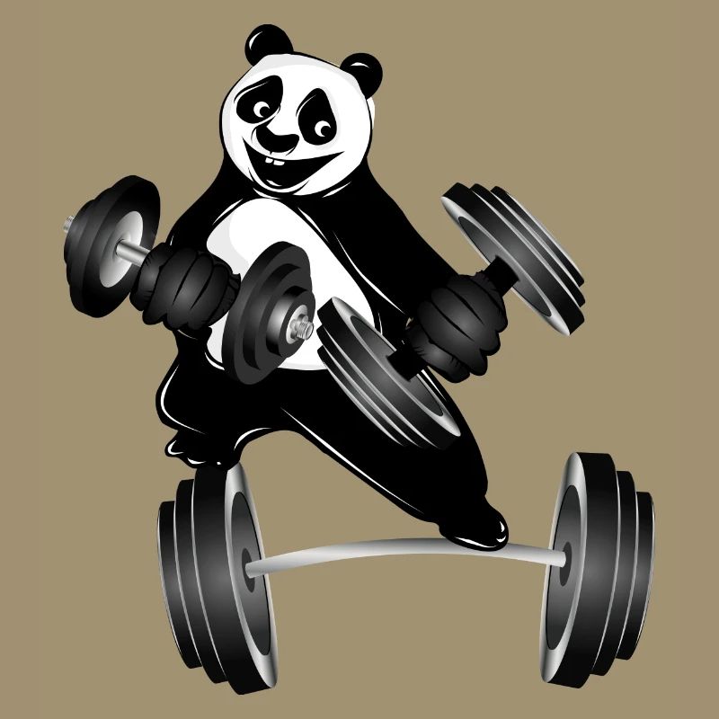 Bodybuilder panda bear with dumbbells while exercising