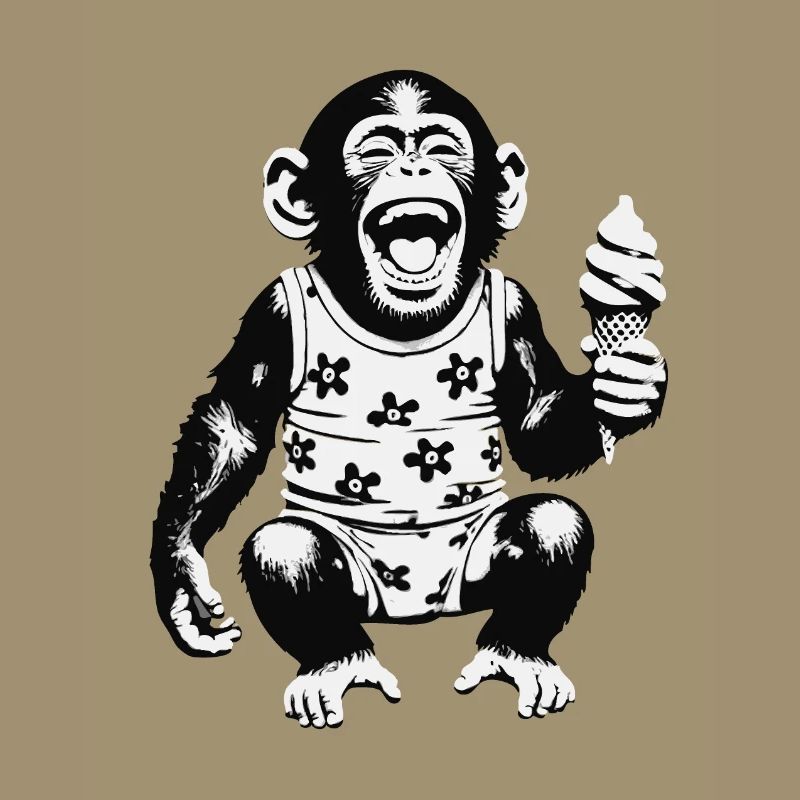 Laughing monkey with ice cream