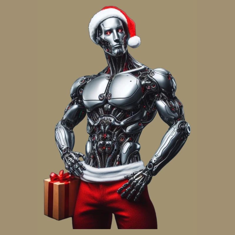 Cyber robot with Santa hat and gift