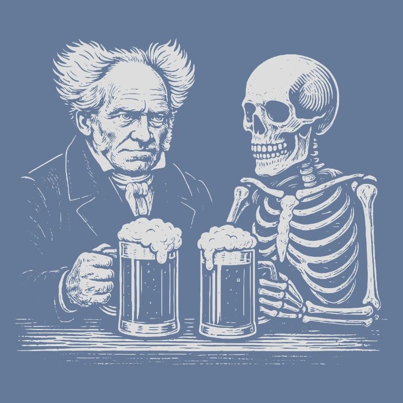 Arthur Schopenhauer drinking beer with skeleton