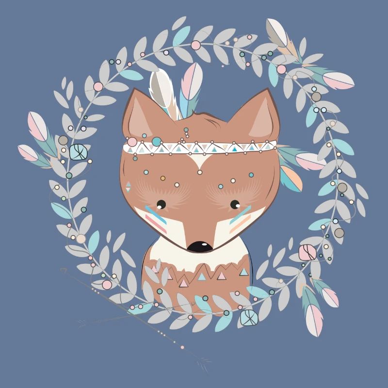 small fox with feather decoration in ethno frame