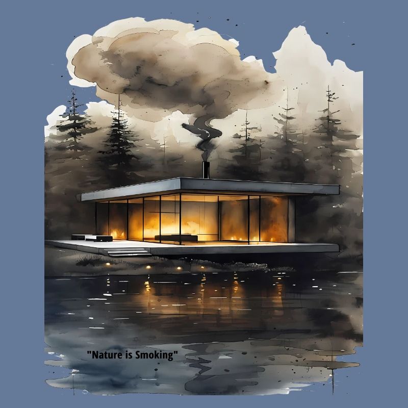 Cabane moderne éclairée par le feu sur le lac