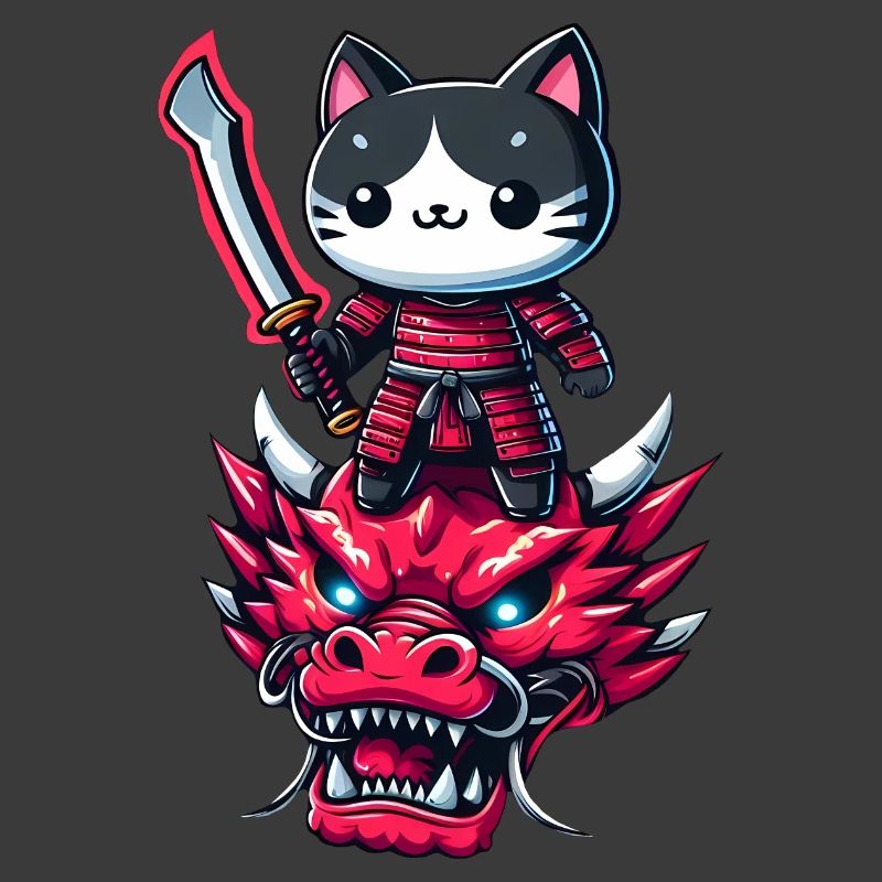 Samurai Cat with Sword on Dragon in Epic 3D Effect