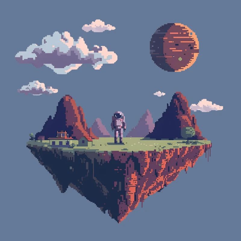 8-Bit Pixel Astronaut auf Schwebender Insel