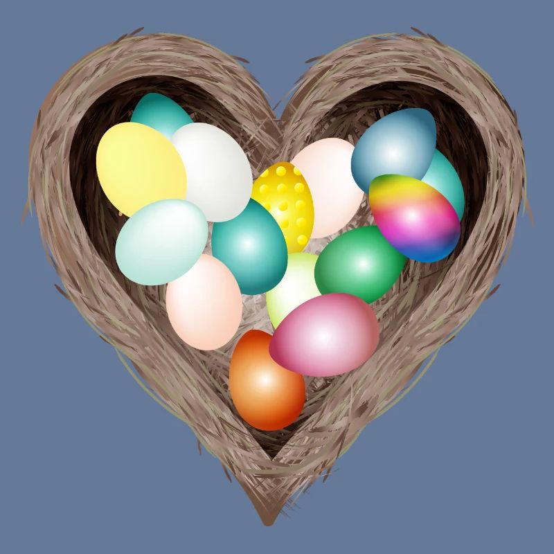 Heart-shaped Easter nest with colorful Easter eggs