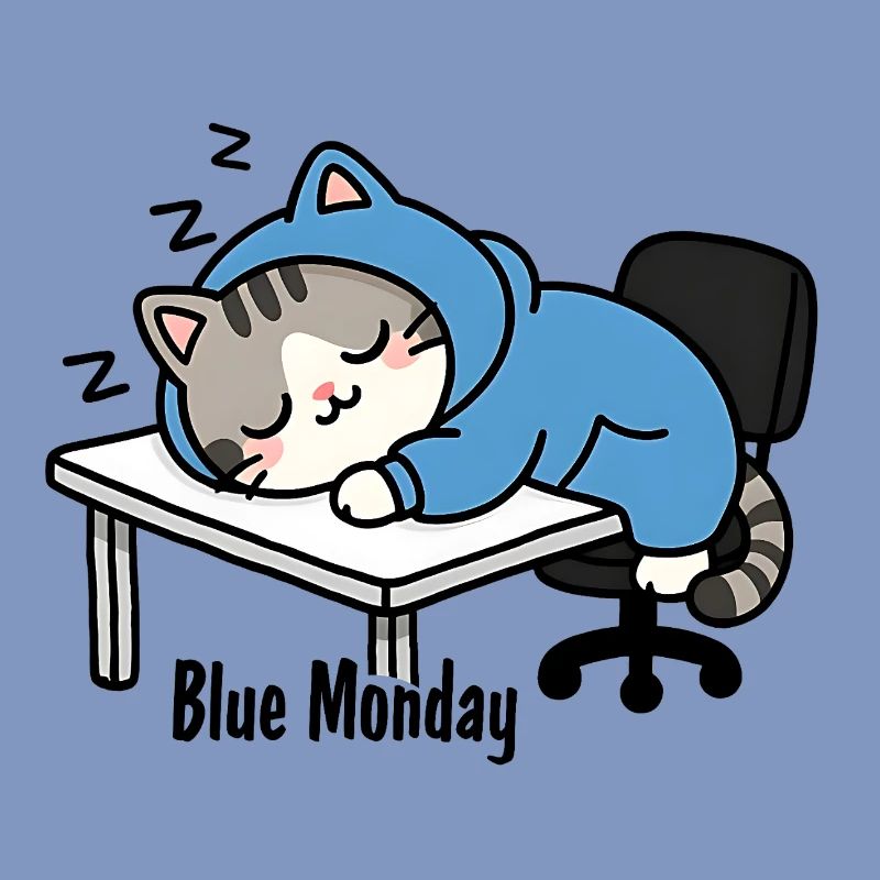 Sleeping cat at work, blue monday