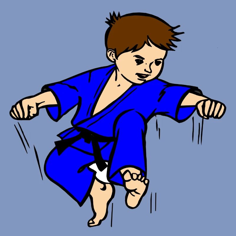 Blauer Anzug Karatekind oder Judokind mit schwarzem Gürtel