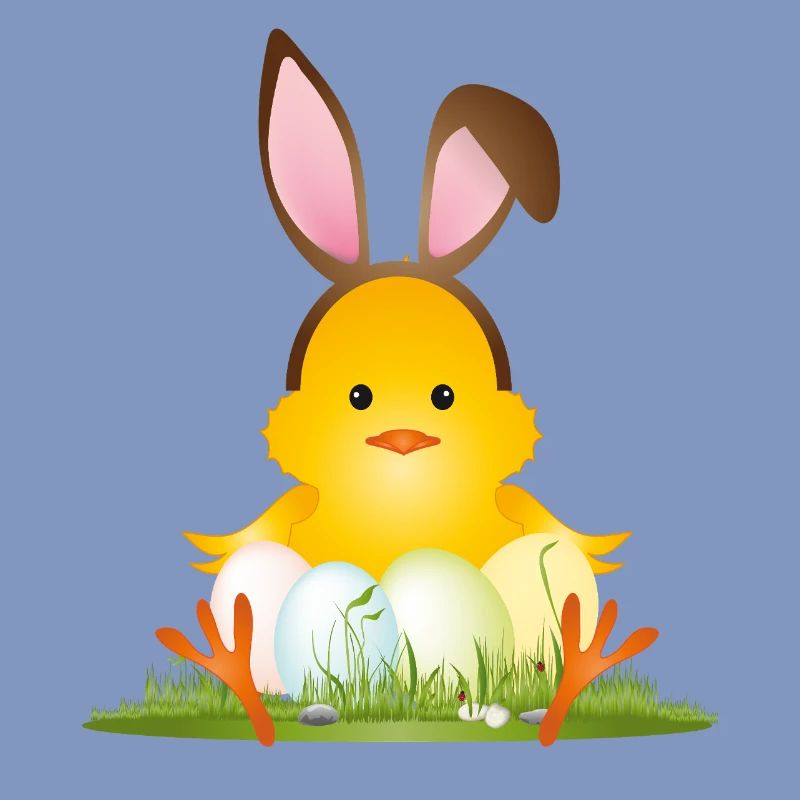 Cute Easter chick with bunny ears & Easter eggs