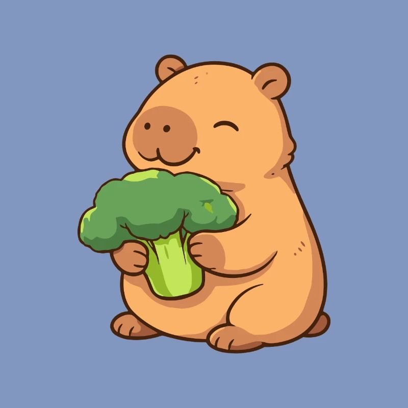 Capybara with broccoli – relaxed & cute