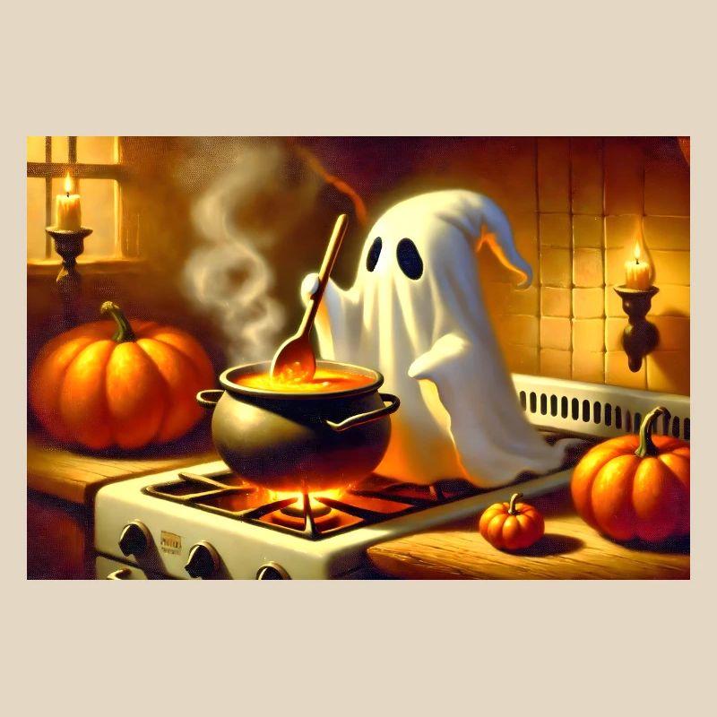 Ghost se tient devant la cuisinière et prépare de la soupe à la citrouille