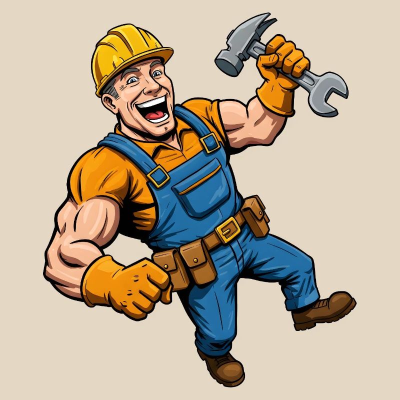 Cheerful cartoon construction worker with tools