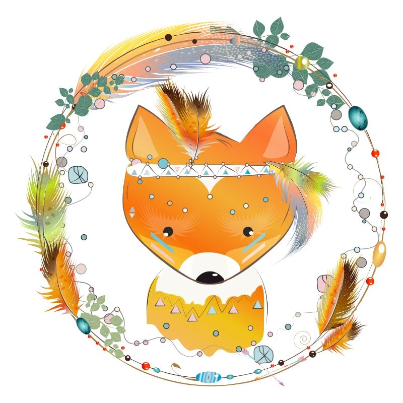 small fox with feather decoration in ethno frame